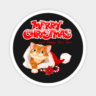 Red Cute Cartoon Cat with Candy Cane Christmas Magnet